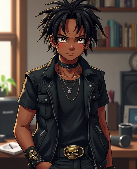 African American young man with dreads brown eyes and a black jacket short hair, wearing chains in an anime style, colored sketch, realistic character concept, character concept portrait of me, detailed character portrait, anime style character, anime styl...