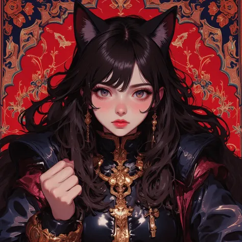 A girl with cat ears, a threatening expression, a threatening pose, a fluffy Persian carpet, ultra detailed, absolutely resolution, masterpiece