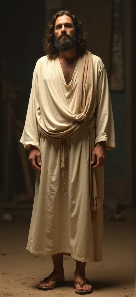  In this dark and mocking scene ,  the charismatic man ,  representing Jesus , , wear a simple yet elegant outfit that reflects humility and timelessness. . His clothing consists of :

 a light-colored tunic :  The tunic is made of a soft , Fluid tissue,  ...