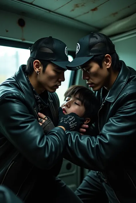 Two handsome horny young Korean guy 20 years wearing TRUCKER caps, black leather jacket, gloves and bandana slayer, hand gagging a handsome 19-year helpless boy using hand with black bandana in van