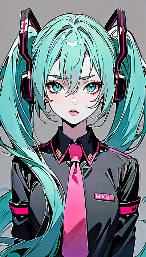  Hatsune Miku 、Dark green hair、 blue eyes、 twin tails、bangs、 thin eyebrows、 earrings for women with first name、solo、 grey shirt、 Pink Necktie 、Aqua Tie、Black sleeves、 Detached Sleeves 、 black skirt(masterpiece、 top quality : 1.2)、One depressed girl、 anime ...