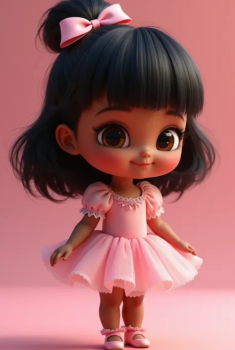 A one-year-old baby with black hair with very fluffy straight bangs, her dress is a circus style ballerina all pink very delicate, in her hair she has a pink bow, her eyes are brown and her skin dark. Pixar Disney style