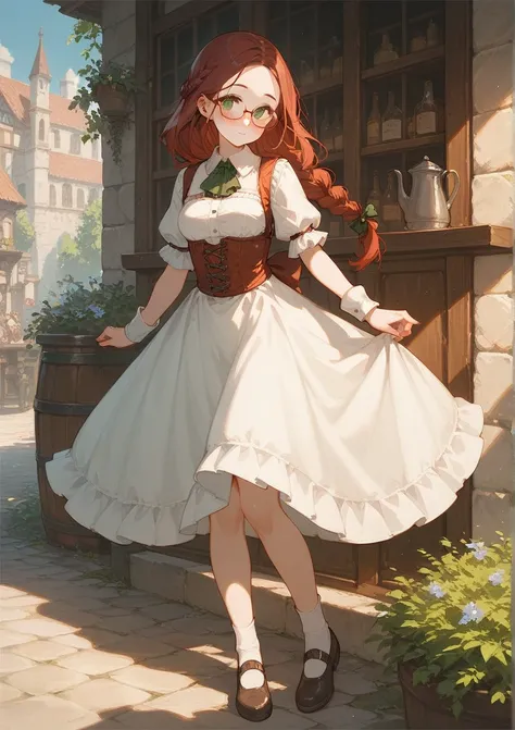 full body, score_9, score_8_up, score_7_up, (solo), burgundy hair, green eyes, oval glasses, long hair, forehead, waitress, medieval setting, cute, blush, braid, medium breasts, 