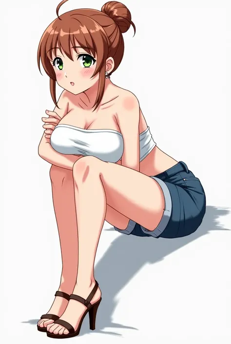 Anime girl, Wide shot, Panning shot, Full body shot, Side view, Bullish, Channel painted green eyes, Hair tied in a bun, Small stone earrings and nose piercing. She is on her side with her hands crossed under her chest. She is wearing a white strapless top...