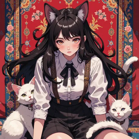 A girl with cat ears, a threatening expression, a threatening pose, a fluffy Persian carpet, ultra detailed, absolutely resolution, masterpiece