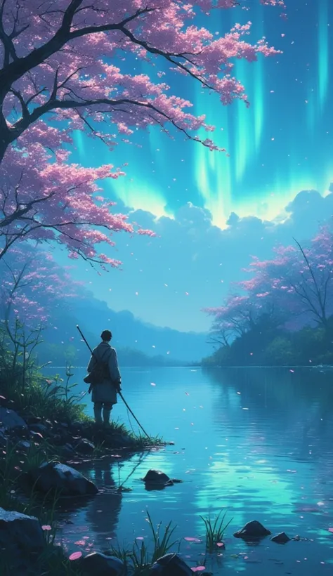 a man is fishing at a tranquil lake. sakura petals are flying around. it is raining, but the sky is filled with beautiful aurora. the lake has a clear reflection of the environment.