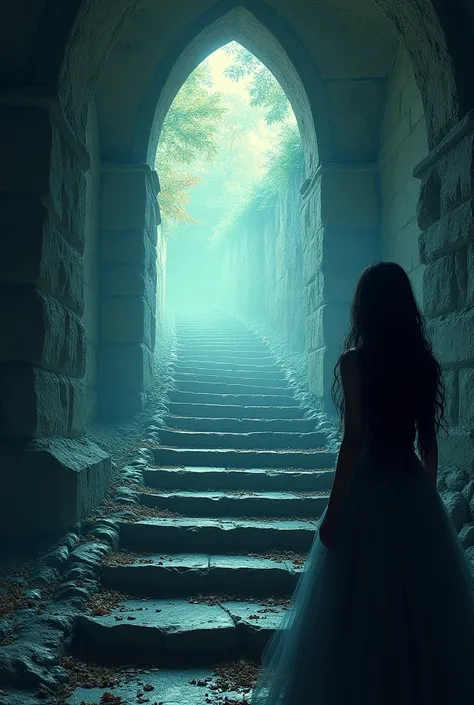  Create a book cover with a fantasy theme ,  where in the background there is a stone staircase which leads to an entrance to the other side ,  and on the right side of the cover there must be the silhouette of a woman with long hair,  the silhouette must ...