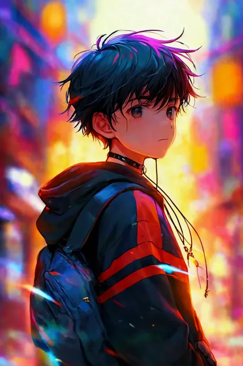 image of the back of a boy wearing a sweatshirt holding a necklace with both hands with a sad expression looking at the city behind him 