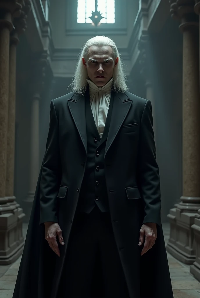 A human vampire ,  white hair , Black suit,  in a haunted castle, intimidating eyes.