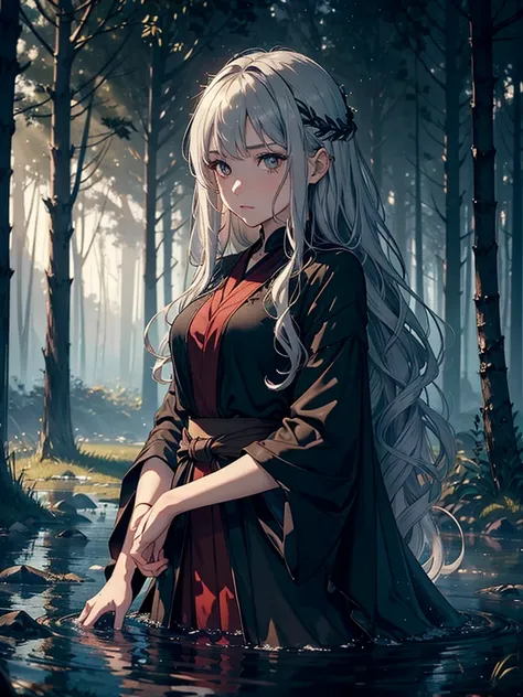 ((DARK FANTASY COLORING, DARK COLOR PALETTE, SORROW LIGHTING))
((masterpiece, best quality)), (1girl, anime girl in the field of dream, drenched forest),(mature), (solo), (female focus, brown eyes girl, water element), (silver hair, wavy hair, long hair),[...