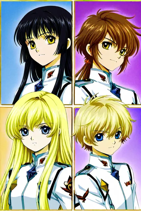 Three students. Girl number 1 has long WAVY brown hair with shiny golden eyes with a white uniform. Girl number 2 has light blonde STRAIGHT hair with shiny green eyes with a white uniform. Boy number 3 is tall, has black hair with cold light blue eyes with...