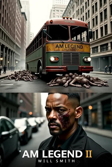 Create a poster for the movie "I Am Legend 2" with Will Smith :Title: The poster has the words "I AM LEGEND II" printed on the bottom left, with the words "I AM LEGEND" in gold and the number "II" in white, placed right below, confirming that this is the s...