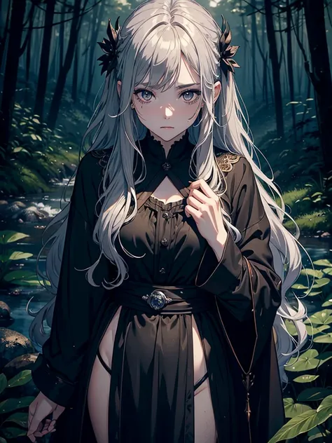 ((DARK FANTASY COLORING, DARK COLOR PALETTE, SORROW LIGHTING))
((masterpiece, best quality)), (1girl, anime girl in the field of dream, drenched forest),(mature), (solo), (female focus, brown eyes girl, water element), (silver hair, wavy hair, long hair),[...