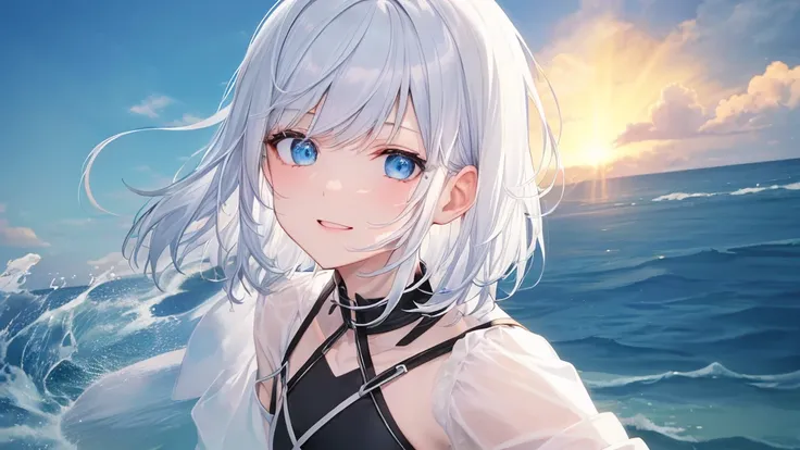  white hoodie 、 black shirt 、Ultra HD, look at viewers , and, 20 years old, 非常に short hair,  long bangs between eyes, Pale blue eyes,  very detailed,(masterpiece、 top quality ),Gray Hair、Laughter、 amazing on the beach,  Silver Hair, iris, Small face、明るいsmi...