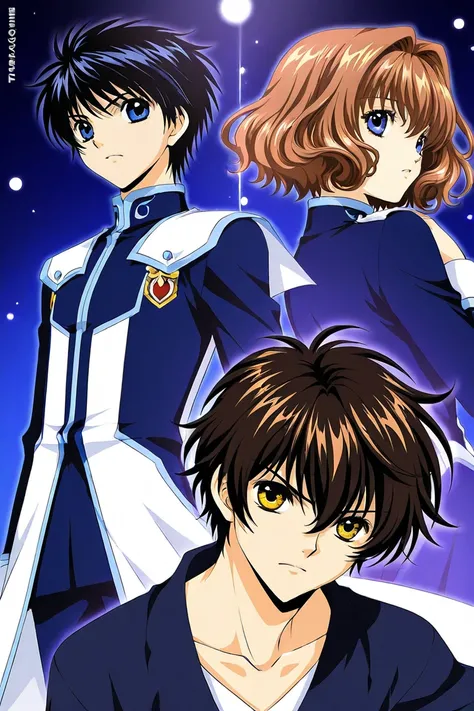 Two academy students. Girl number 1 has long wavy brown hair with shiny golden eyes with a white 2 pieces uniform. Boy number 2 is taller, has black hair with cold light  blue eyes with a blue uniform. Theyre lovers. Serious. Clamp Tsubasa chronicles art s...