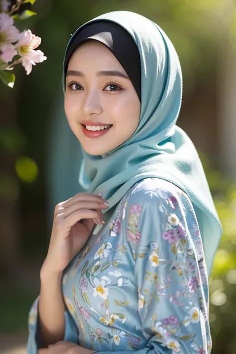 Extraordinary Masterpiece, Realistic Photo of the Face of a 23 Year Old Malay Girl in Hijab Wearing a Malaysian Dress with a Small Flower Pattern, Front View, Skin Details, Skin Texture Details, Big Breasts, laughing, happy, perfect lighting, plain backgro...