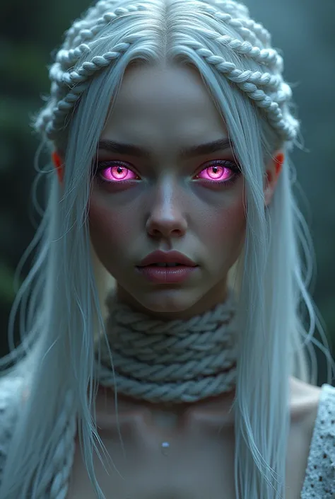 Woman with deep pink eyes and braided white hair 