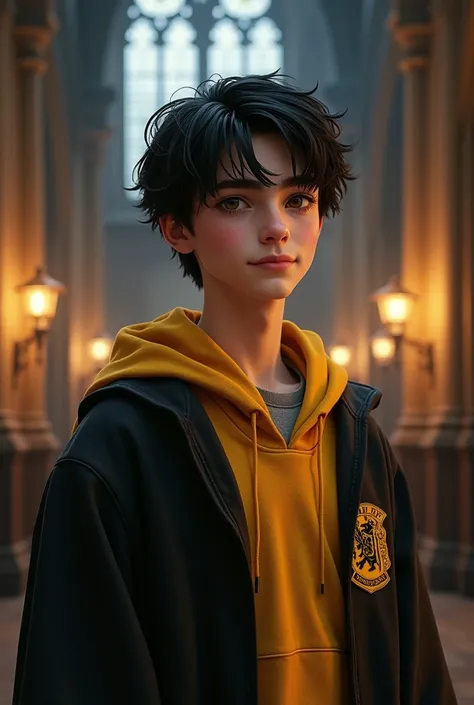 Create a 15-year-old male teenager ,  brown-eyed  ,  black hair , white skin , Wearing Hufflepuffs clothing, na Hogwarts
