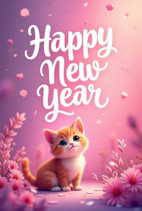 New year card with pink and violet as theme have text happy new year in cursive font a vibrant card having cute cat sideby