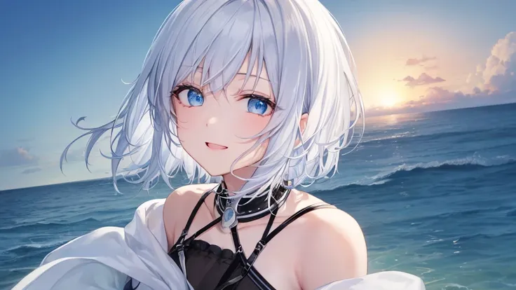  white hoodie 、 black shirt 、Ultra HD, look at viewers , and, 20 years old, 非常に short hair,  long bangs between eyes, Pale blue eyes,  very detailed,(masterpiece、 top quality ),Gray Hair、Laughter、 amazing on the beach,  Silver Hair, iris, Small face、明るいsmi...