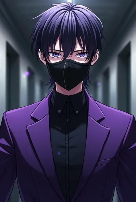 male anime character with a mask on his mouth 
With a purple suit clothes
