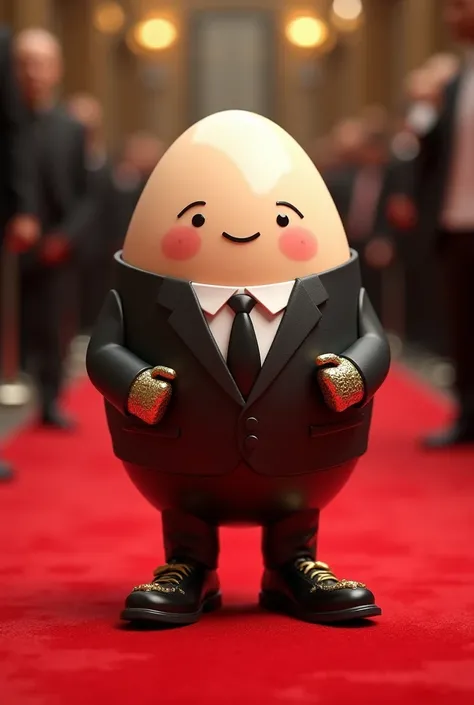 An egg with expensive feet and hands in a suit on the red carpet 