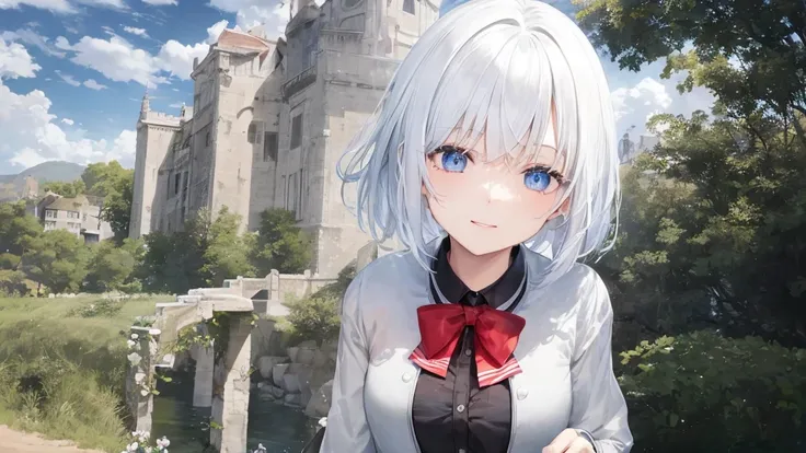  white hoodie 、 black shirt 、Ultra HD, look at viewers , and, 20 years old, 非常に short hair,  long bangs between eyes, Pale blue eyes,  very detailed,(masterpiece、 top quality ),Gray Hair、Laughter、 amazing on the beach,  Silver Hair, iris, Small face、明るいsmi...