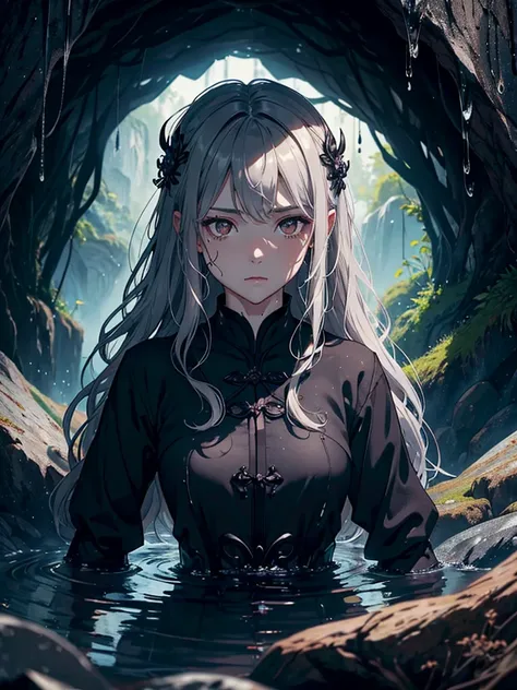 ((DARK FANTASY COLORING, DARK COLOR PALETTE, SORROW LIGHTING))
((masterpiece, best quality)), (1girl, anime girl in the field of dream, drenched lush cave),(mature), (solo), (female focus, brown eyes girl, water element), (silver hair, wavy hair, long hair...