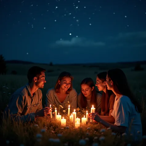 "An intimate gathering under a serene night sky, with a circle of people joined in hopeful prayer. Their faces are softly illuminated by the glow of flickering candles, symbolizing unity and shared dreams. In the backdrop, a tranquil landscape unfolds: a v...