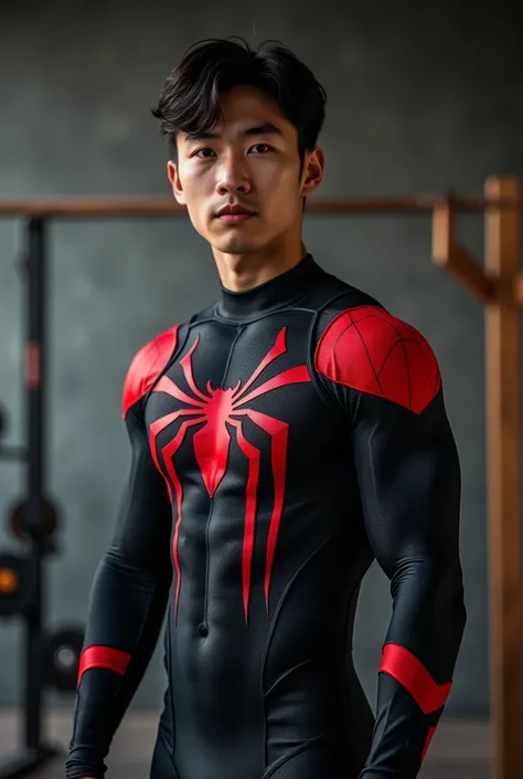 Handsome and sexy Korean teenager, teenager, young, male, wearing Spiderman black  costume while showing his sixpack abs, muscular, sixpack, young, front view, Korean idol, hot, very muscle, very horny biceps and triceps, photo realistic, realistic, 8k, UH...