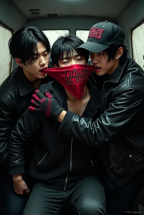 Two handsome horny young Korean guy 20 years wearing TRUCKERS caps, black leather jacket, gloves and bandana slayer, hand gagging a handsome 19-year helpless boy using hand with red bandana in van