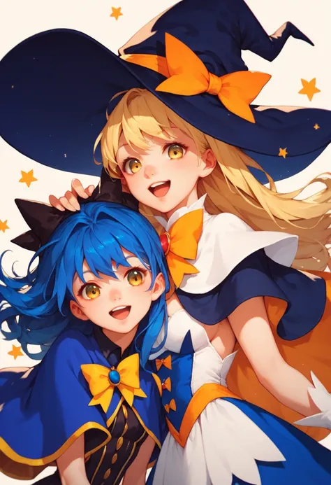 two female anime style characters, magical girl costumes, witch hat, 2girls, long hair, blonde hair, blue hair, hat, yellow eyes, bow, capelet, open mouth, smile, Mahou Shoujo