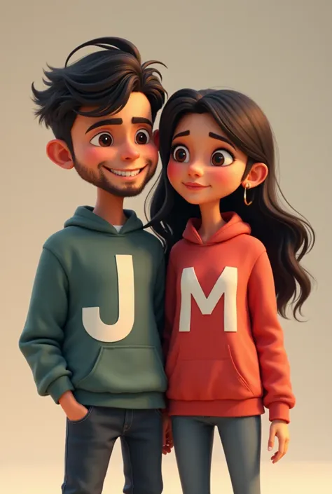 Make an animated image of a boy and a girl ,  the boy has a black sweatshirt and the one in the middle of his sweatshirt has the "j"  and the woman has a white sweatshirt and has the  "m".
The boy is dark-haired ,  Has strong arms and shoulders . with a li...