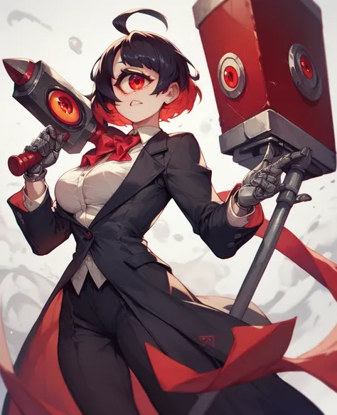 Robotic cyclop, red eye, black suit, holding a hammer