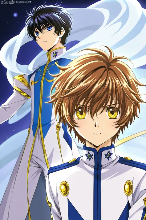 Two academy students. Girl number 1 has long wavy brown hair with shiny golden eyes with a white 2 pieces uniform. Boy number 2 is taller, has black hair with cold light  blue eyes with a blue uniform. Theyre in love. Shy. Serious. Clamp Tsubasa chronicles...