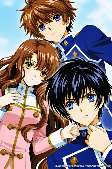 Two academy students. Girl number 1 has long wavy brown hair with shiny golden eyes with a white 2 pieces uniform. Boy number 2 is taller, has black hair with cold light  blue eyes with a blue uniform. Theyre in love. Shy. Serious. Clamp Tsubasa chronicles...