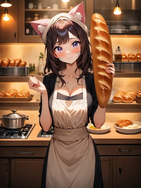 (masterpiece, best quality, very aesthetic, absurd), (8k, RAW photo, best quality), (highly detailed wallpaper), 

1girl, (adult woman), perfect body, anatomically correct, beautiful face, beautiful eyes, natural make-up, 

cat-girl baker, holding a baguet...