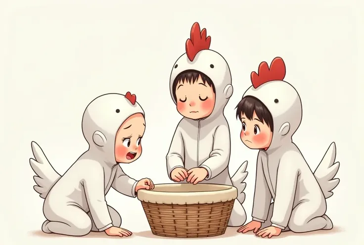 Sketch Drawing Cartoon style 3 beautiful asian teenager girls with very shinest beautiful cheeks and 5 handsome asian teenager boys with handsome cheeks wear white hen lycra turtleneck unitard catsuits that have white hen costume tails.They wear white lycr...