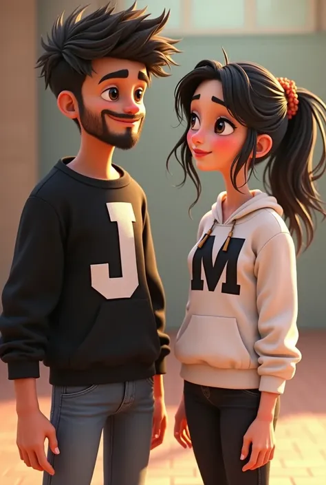 Make an animated image of a boy and a girl ,  the boy has a black sweatshirt and the one in the middle of his sweatshirt has the "j"  and the woman has a white sweatshirt and has the  "m".
The boy is dark-haired ,   has strong arms and shoulders. Y is fat ...