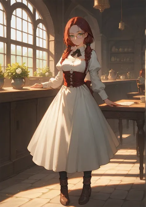 full body, score_9, score_8_up, score_7_up, (solo), burgundy hair, green eyes, oval glasses, long hair, forehead, waitress, medieval setting, two low hair tails, medium breasts, ((narrowed eyes))
