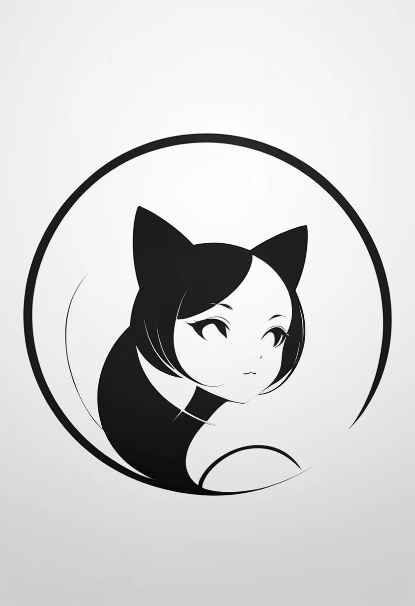 minimalistic logo design, centered silhouette of a cat ear girl(face only,rounded head, curved tail, simple and elegant lines), black and white theme, circular white background, modern and clean design, high contrast, sharp details, iconic and professional...