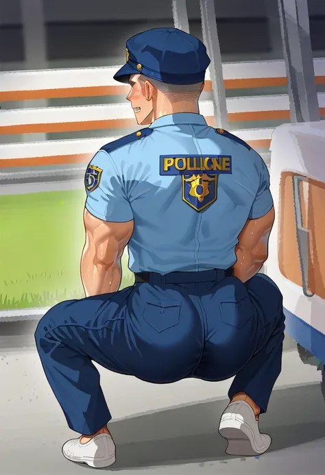 18-year-old boy ,Korean bulky male officer ,Wear navy blue police uniform shirt................ dark blue smooth tight trouser, transparent pants obvious underwear print ,((unrealistic super big tight butt wearing pants)), turn back to look at the camera, ...