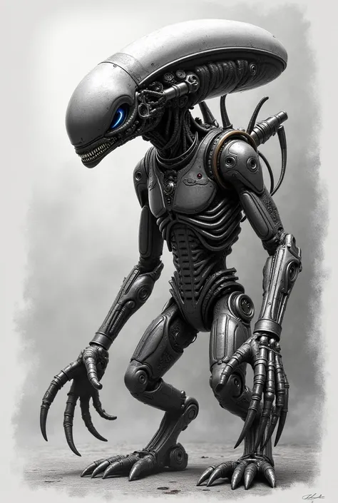 Make me a pencil sketch of an alien with steampunk-style robotic parts
