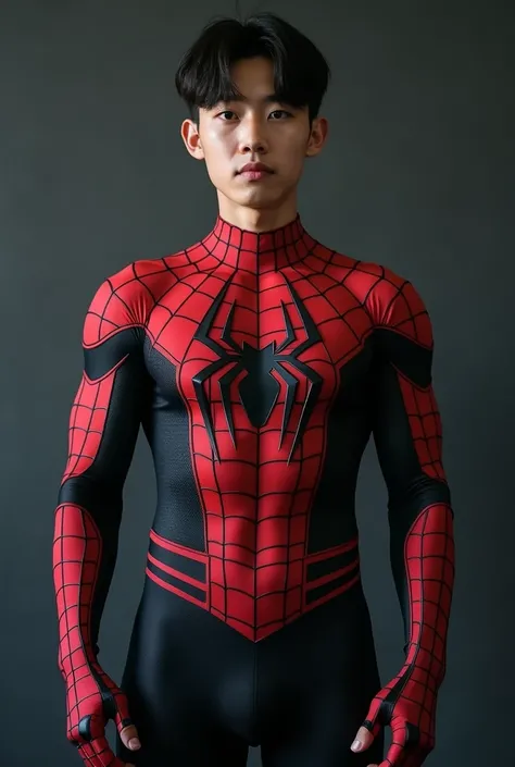 Handsome and sexy Korean teenager, teenager, young, male, wearing Spiderman black  costume while showing his sixpack abs, muscular, sixpack, young, front view, Korean idol, hot, very muscle, very horny biceps and triceps, photo realistic, realistic, 8k, UH...