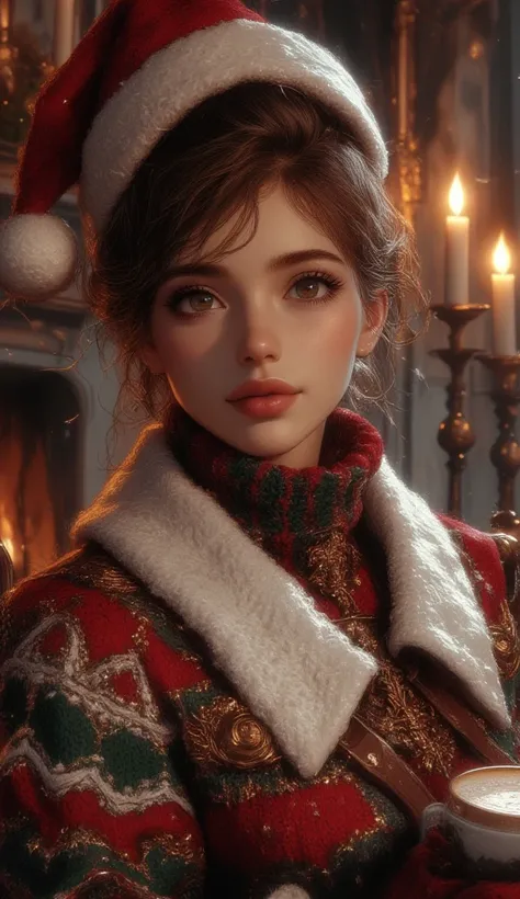 A beautiful woman with beautiful eyes:1.2, detailed eyes, beautiful full lips, highly detailed eyes and faces, long eyelashes, cute expression, smile, sitting:1.4, holding a cup of hot latte, homely background, Christmas sweater, fireplace, warm light, det...