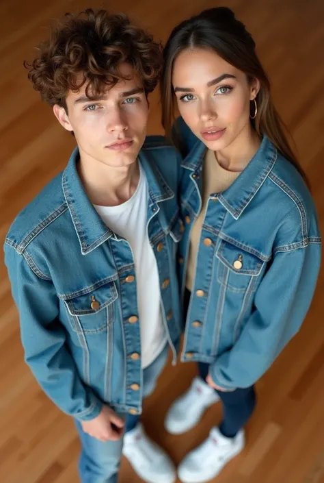 This image shows a young man and woman wearing matching denim jackets and white sneakers.  They are posed from a high angle, looking directly at the camera. The setting appears to be a wooden floor. The overall style is casual and fashionable.