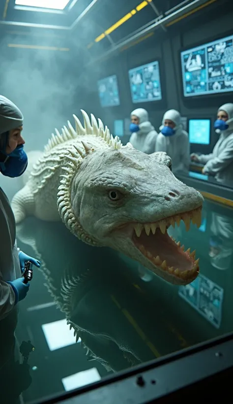 A hyper-detailed and cinematic depiction of a monstrous reptilian creature submerged in a reinforced containment tank filled with a dark, viscous liquid. The creature’s head is prominently displayed, resembling a hybrid of a dragon and a crocodile, with sh...