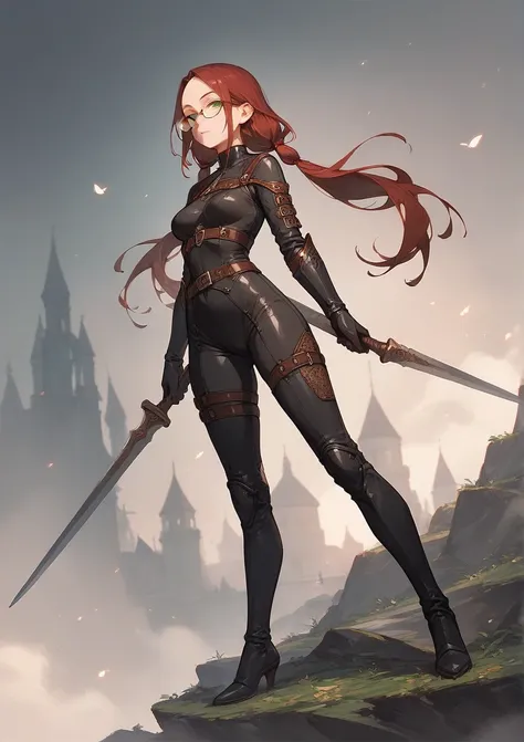 full body, score_9, score_8_up, score_7_up, (solo), burgundy hair, green eyes, oval glasses, long hair, forehead, (black tight suit), big daggers, medieval setting, two low hair tails, medium breasts, ((narrowed eyes))
