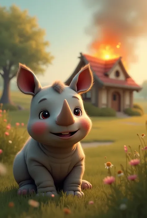  cute and tender little rhinoceros smiling, In the distance you can see a house burning down 
