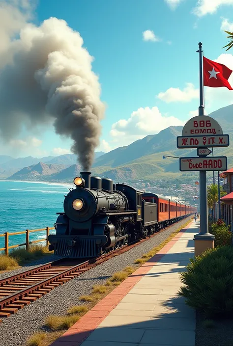 Create realistic image of a train passing through Ensenasa Baja California that shows the sea with a sign that says Ensenada - Los Cabos and that you look at the boardwalk and flag 